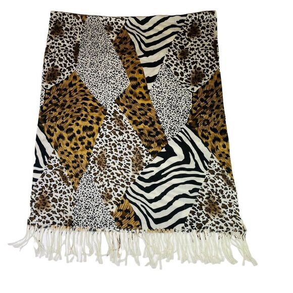Pashmina White/Tan/Black Leopard Patchwork Fringe Scarf - Picture 5 of 11